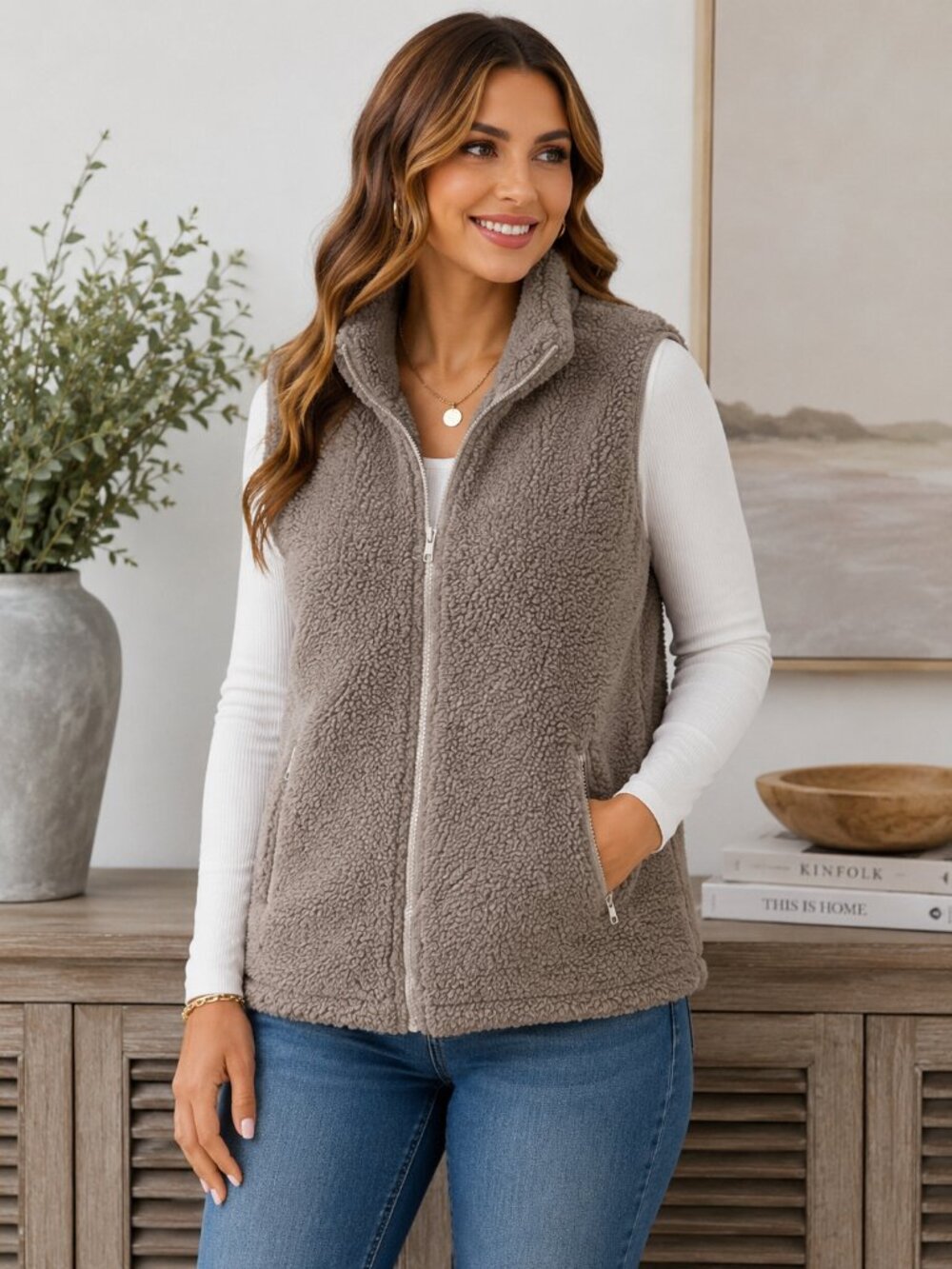 MEROKEETY Women's Taupe Sherpa Fleece Zip Vest Cozy Full Zip Pockets